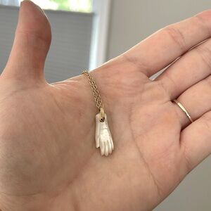 Kris nations, gold-filled, mother of pearl hand pendant, layering necklace